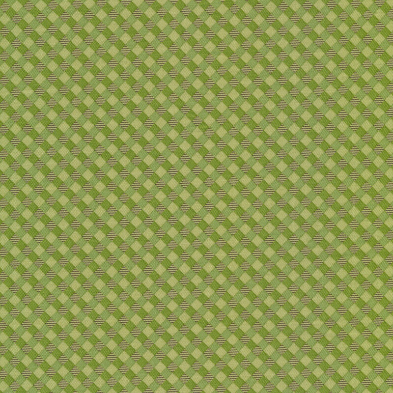 light green gingham fabric featuring different shades of green with dark brown striped accent squares