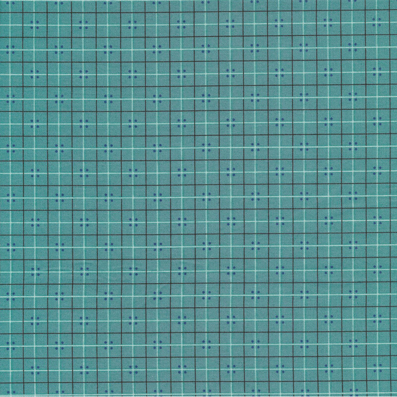 beautiful teal fabric featuring an aqua and black lattice, with blue dot accents