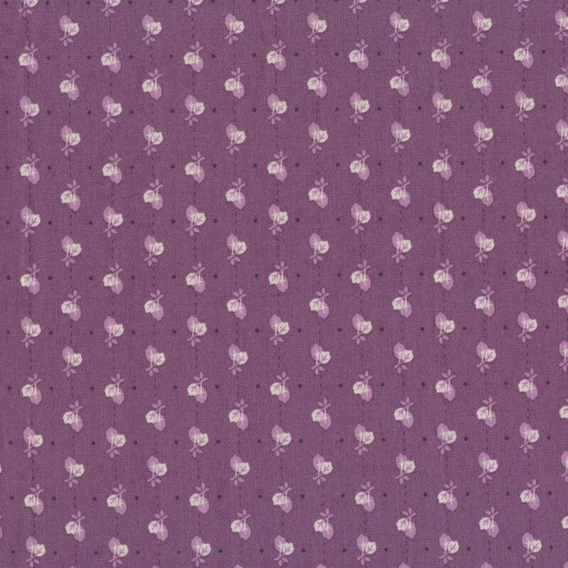 plum fabric featuring stripes of eggplant dash marks between white and lilac leaves, with black dots mixed in between