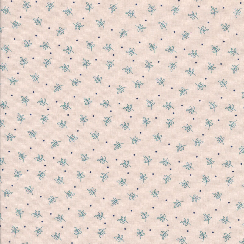 classic cream fabric featuring scattered teal leaves and navy blue dots