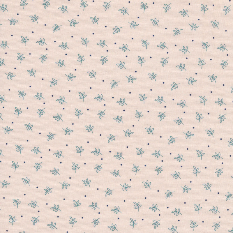 classic cream fabric featuring scattered teal leaves and navy blue dots