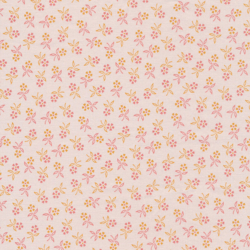classic cream fabric featuring scattered flowers in muted shades of pink and orange