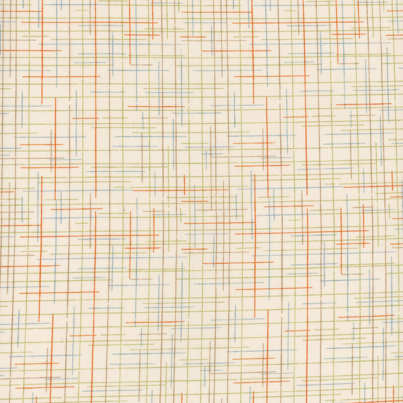 classic cream fabric featuring texture lines in muted shades of orange, sage green, tan, and teal