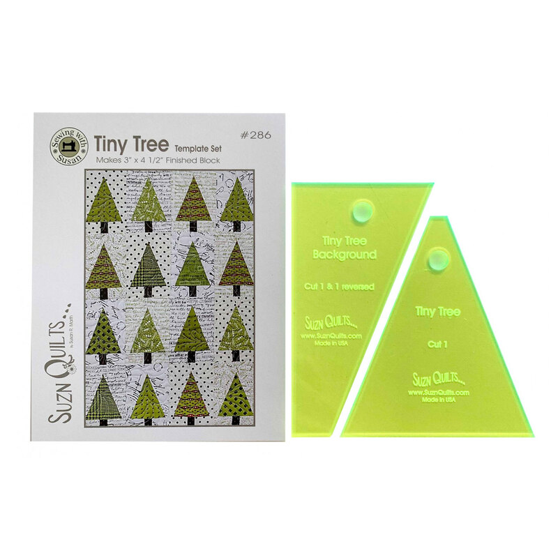 Image of a tiny tree template set cover with a quilt made up of 16 little quilted pine trees. To the right of it are 2 chartreuse trapezoidal templates that are almost triangular
