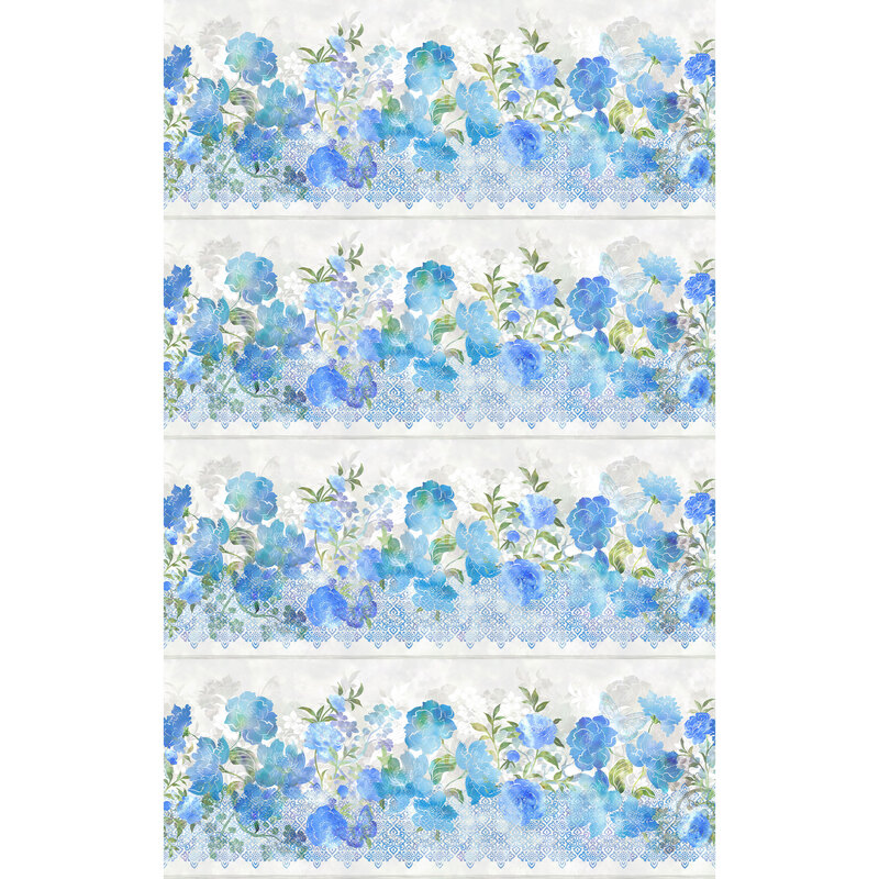 off white border stripe fabric featuring wide stripes of a blue mottled mosaic pattern, with cool blue mottled flowers blooming over the top