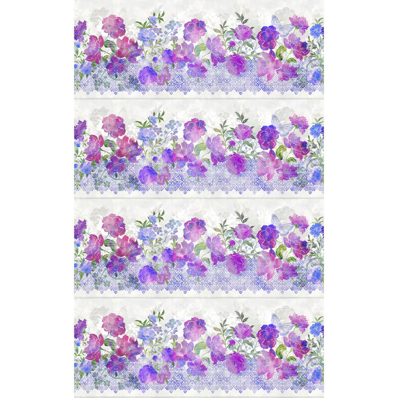off white border stripe fabric features wide stripes of a blue and purple mottled mosaic pattern, with purple, pink, blue, and magenta mottled flowers blooming over the top