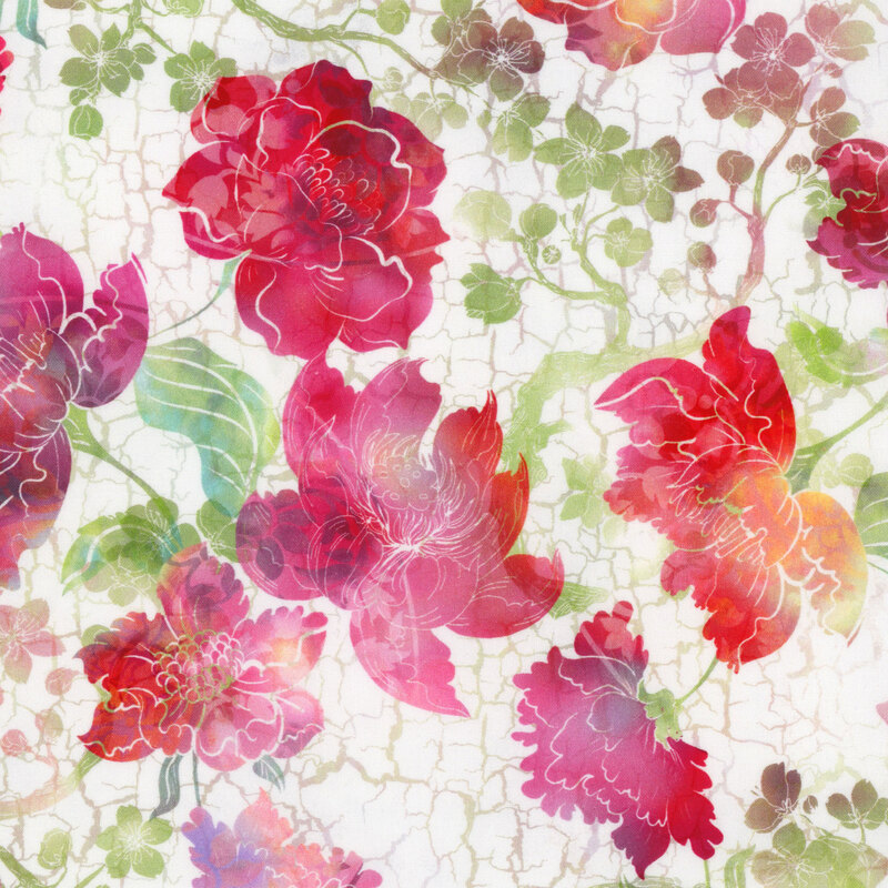 cream fabric featuring a crackled background with mottled green blossoming branches and vivid magenta, red, pink, and purple mottled flowers