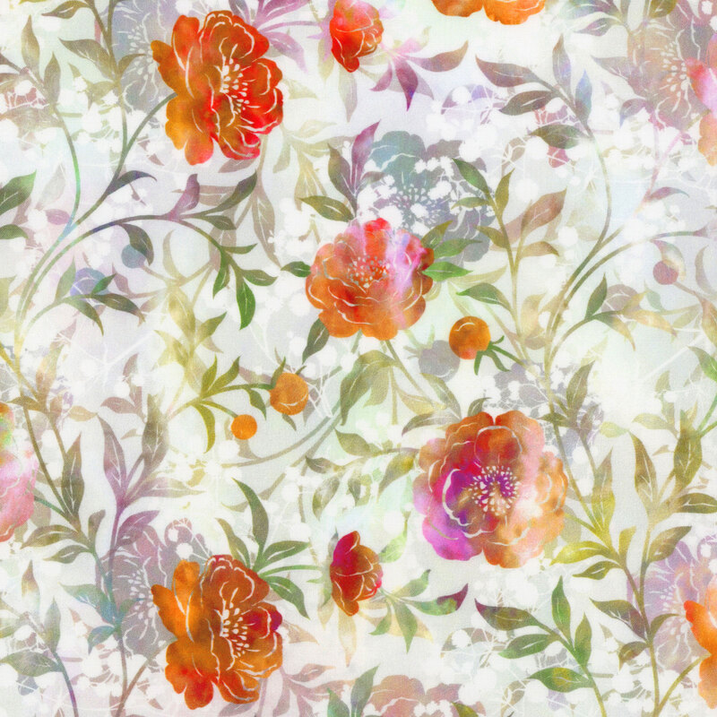 gorgeous off white fabric featuring mottled purple and green vines flowering with mottled red, orange, pink, and purple blooms