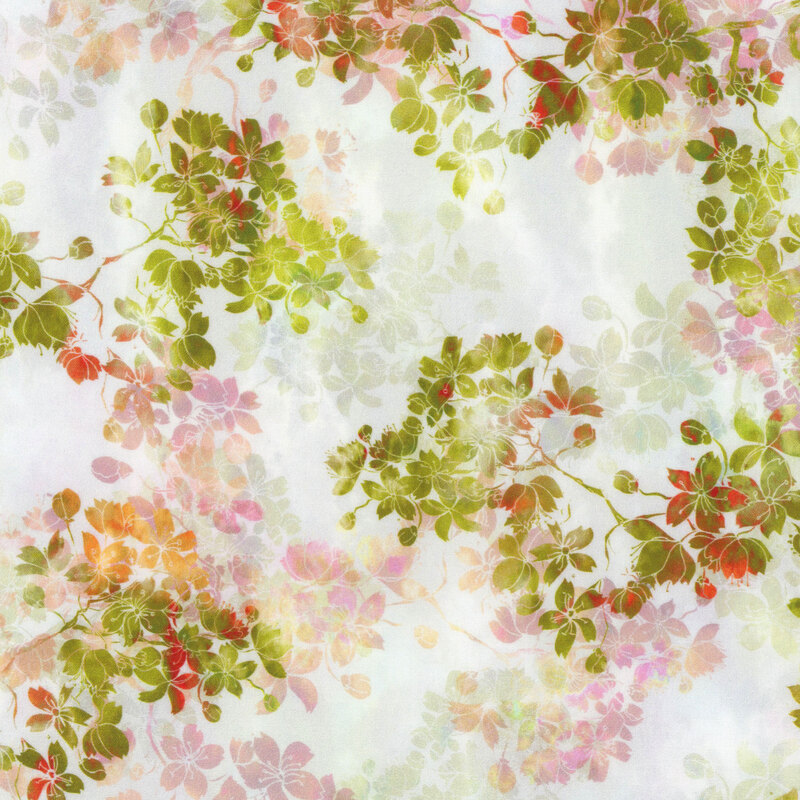 lovely off white fabric featuring layers of mottled green, red, orange, and purple flowering branches