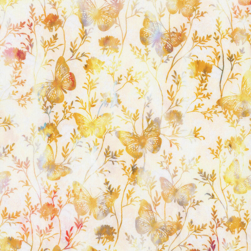 cream fabric featuring yellow, orange, brown, and gray mottled intertwining vines and leaves with numerous butterflies flying around