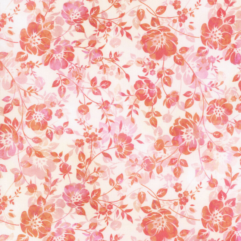 off white fabric featuring an overlapping mottled coral, pink, and peach floral pattern