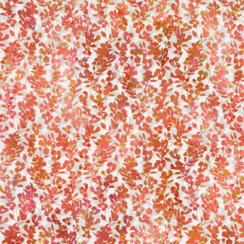 fabric featuring a packed pattern of leaves and tiny flowers, in mottled pink, mauve, and light green, with an off white and gray background