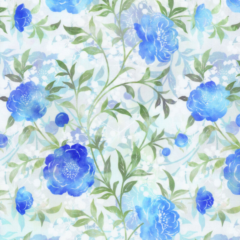 gorgeous off white fabric featuring mottled green vines flowering with mottled blue and purple blooms