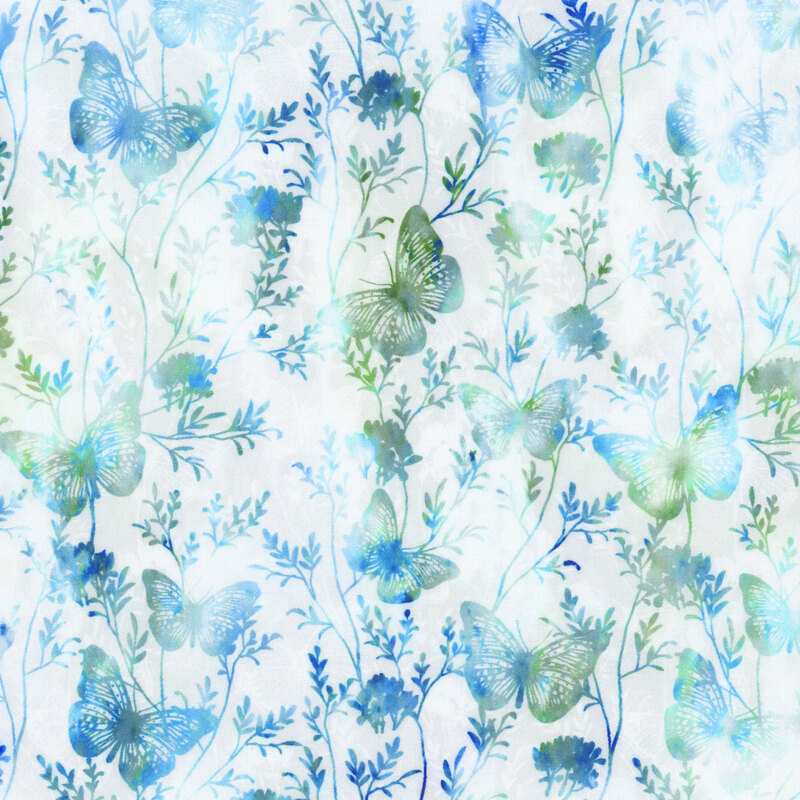 off white fabric featuring blue, green, and purple mottled intertwining vines and leaves with numerous butterflies flying around