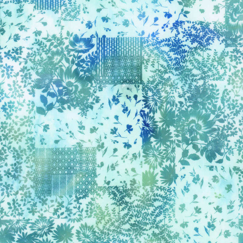 vintage aqua fabric featuring a patchwork pattern, with various rectangles of different leaf, floral, and mosaic textures, in a gorgeous teal, blue, green, and aqua mottle