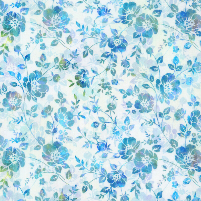 off white fabric featuring an overlapping mottled blue, green, and purple floral pattern