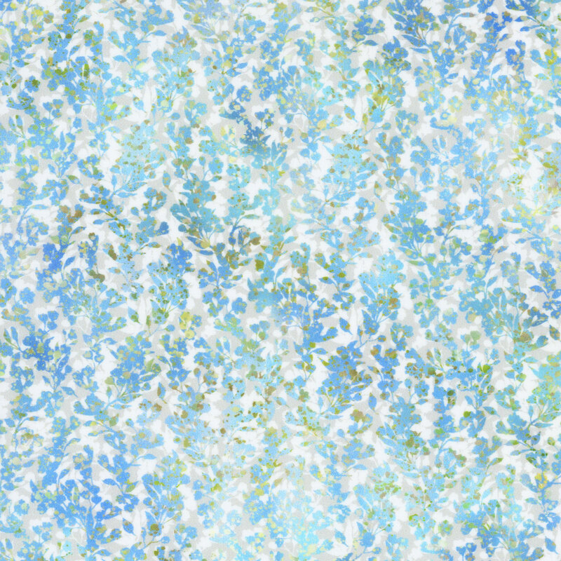 fabric featuring a packed pattern of leaves and tiny flowers, in mottled light blue, blue, and light green, with an off white and gray background