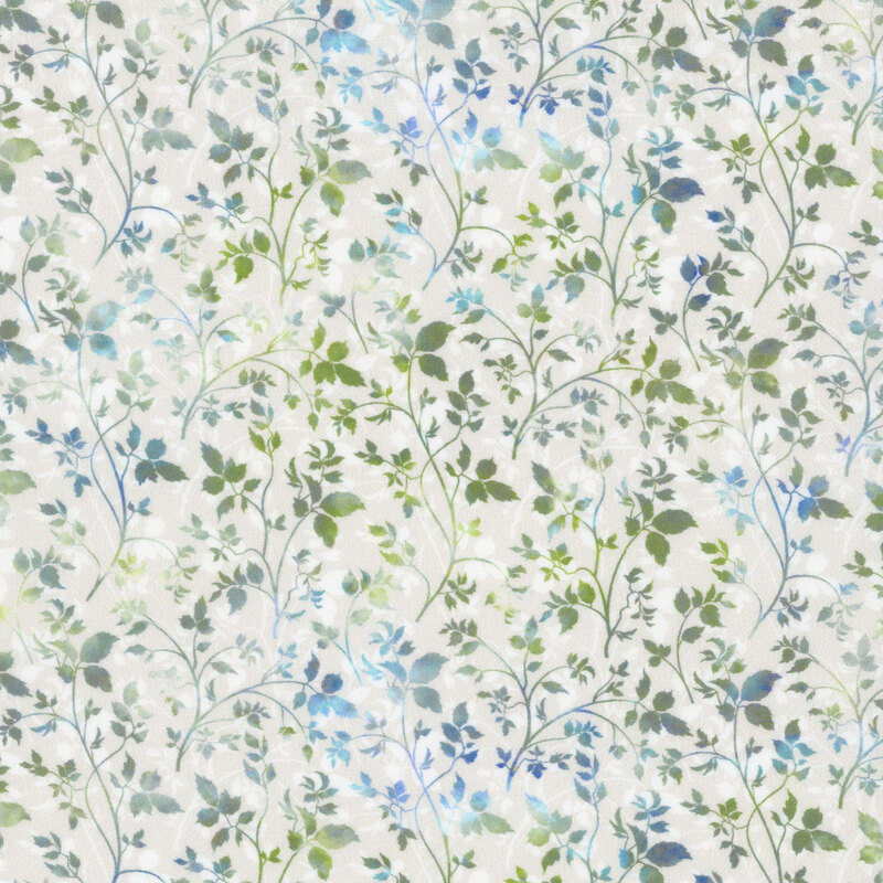 off white fabric featuring intertwining green and blue mottled vines and leaves, with white vines in the background