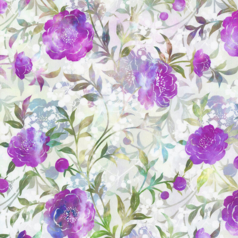 off white fabric featuring mottled green vines flowering with mottled purple blooms