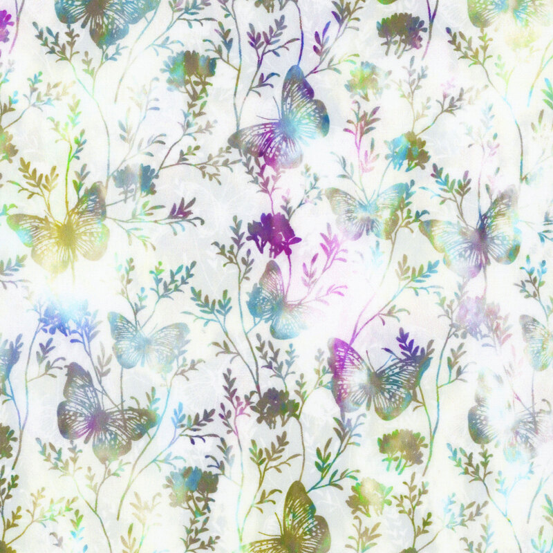 off white fabric featuring aqua, sage green, and purple mottled intertwining vines and leaves with numerous butterflies flying around