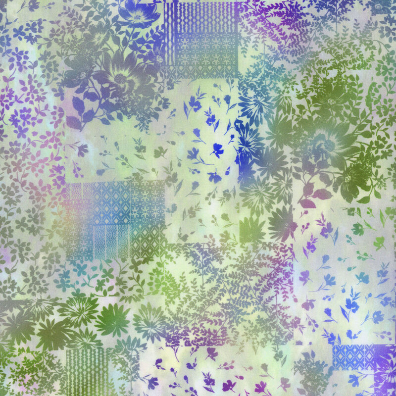vintage aqua fabric featuring a patchwork pattern, with various rectangles of different leaf, floral, and mosaic textures, in a gorgeous blue, green, and purple mottle