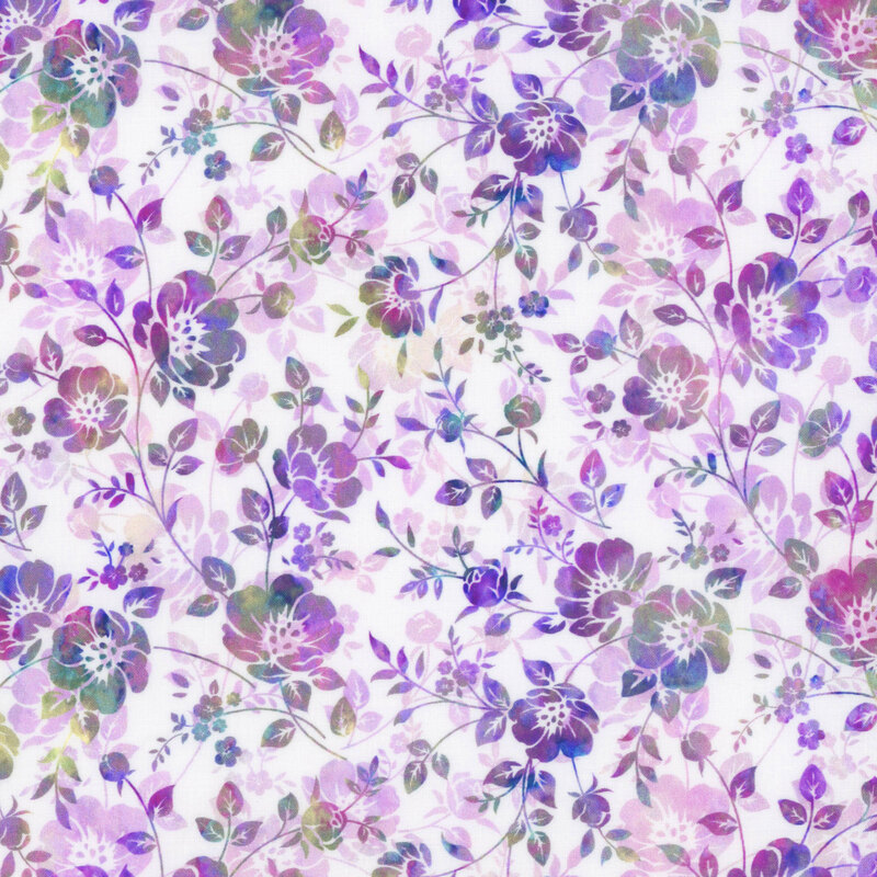 off white fabric featuring an overlapping mottled blue and purple floral pattern
