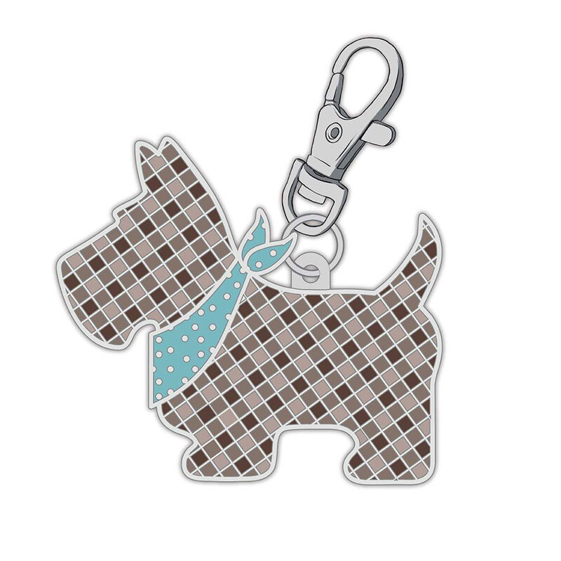 Enamel pin with a metal clip with the design of a checkered scottie dog wearing a bandana