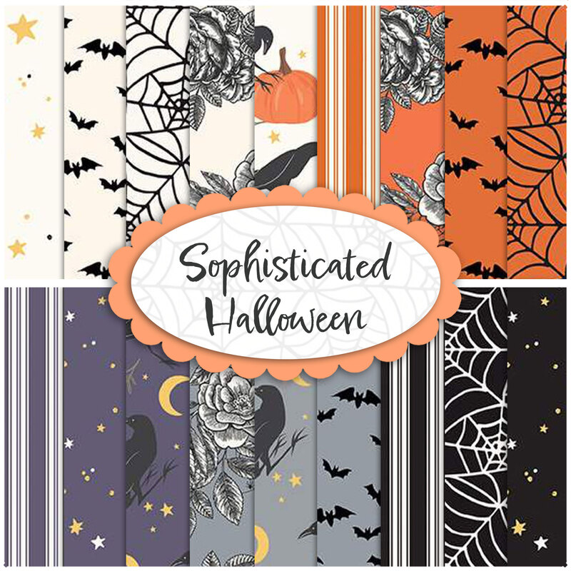 Graphic featuring all the fabrics in the sophisticated halloween collection, ranging from orange to purple to black and white