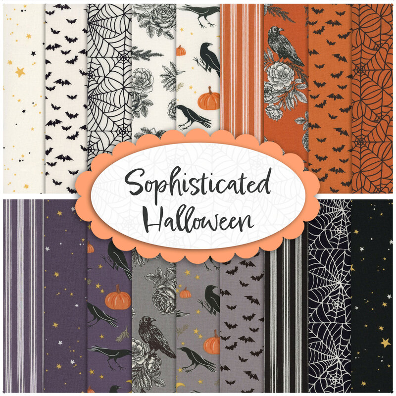 Graphic featuring all the fabrics in the sophisticated halloween collection, ranging from orange to purple to black and white