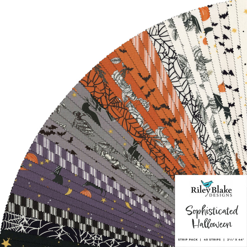 Graphic featuring all the fabrics in the sophisticated halloween collection rolie polie