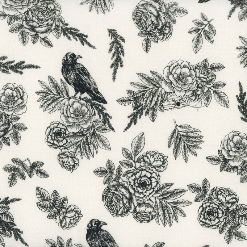 Cream fabric featuring a scattered black and white floral design, with spider webs and ravens spread throughout
