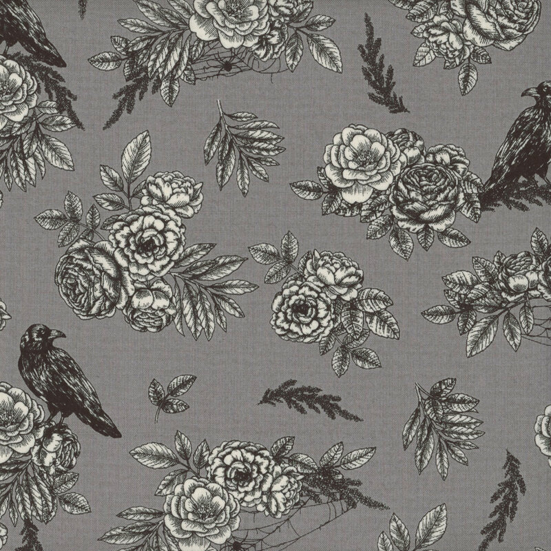 Gray fabric featuring a scattered black and white floral design, with spider webs and ravens spread throughout