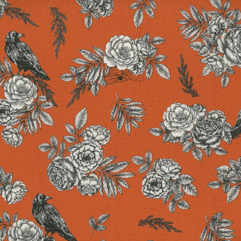 Orange fabric featuring a scattered black and white floral design, with spider webs and ravens spread throughout