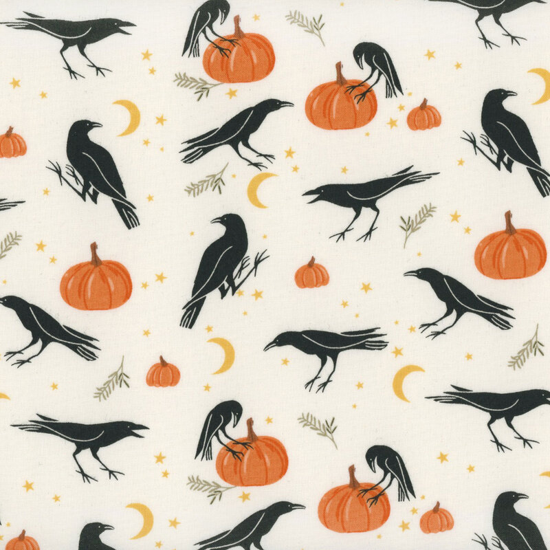 Cream fabric featuring various curious crows, with pumpkins, leaves, stars, and moons scattered in between