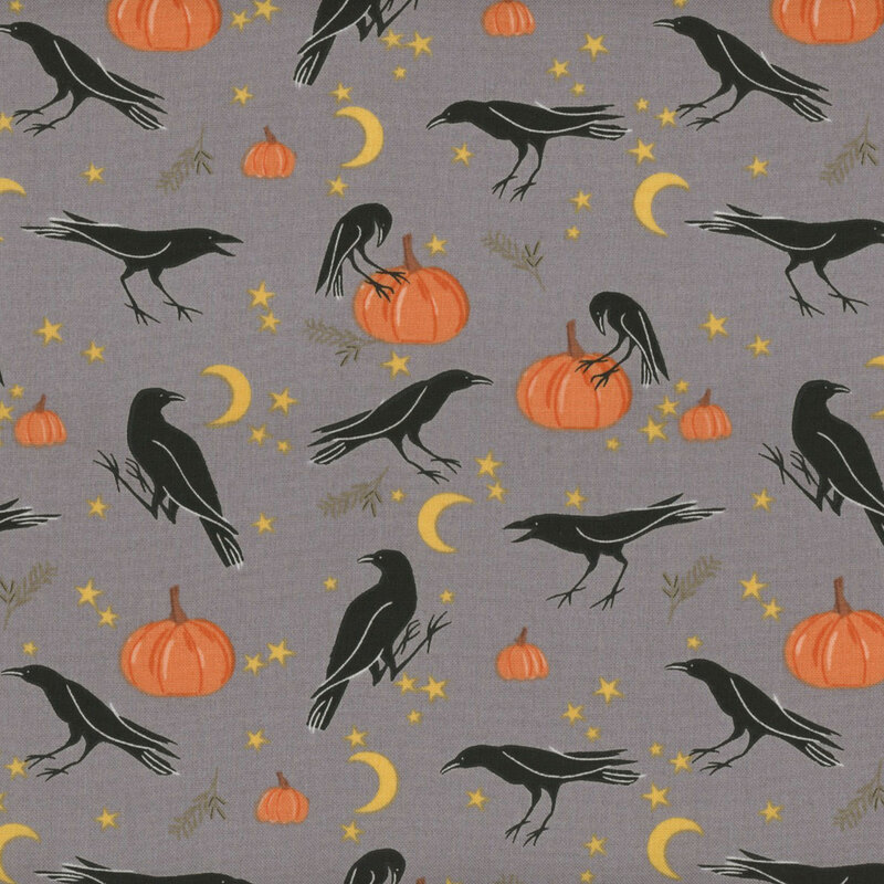 Gray fabric featuring various curious crows, with pumpkins, leaves, stars, and moons scattered in between