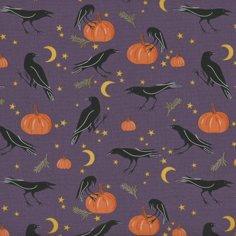 Dusky purple fabric featuring various curious crows, with pumpkins, leaves, stars, and moons scattered in between