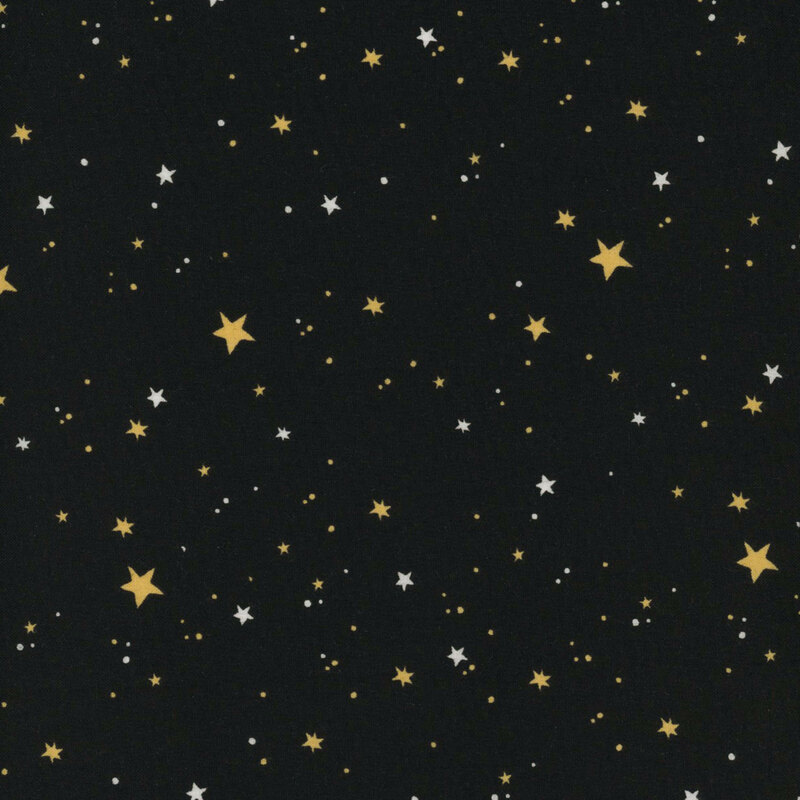 Black fabric featuring scattered white and yellow stars