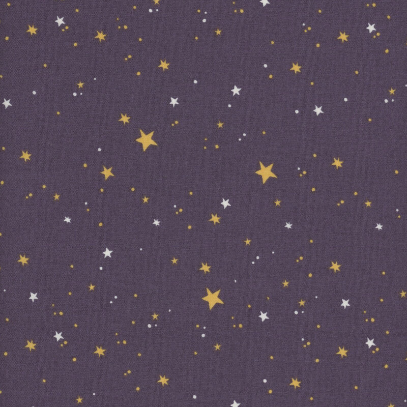 Dusky purple fabric featuring scattered white and yellow stars