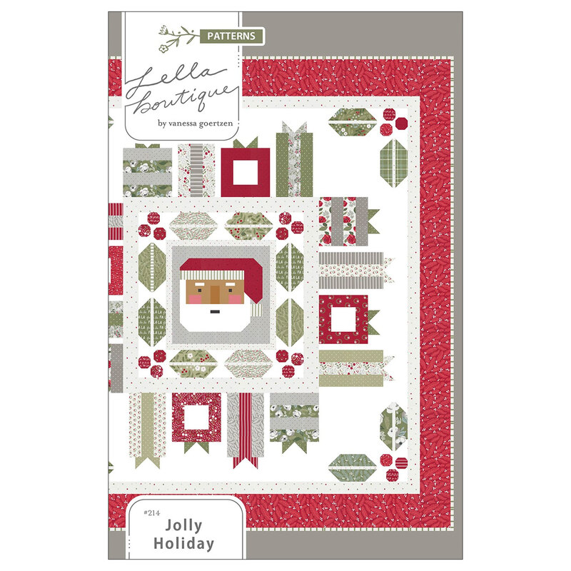Jolly Holiday Pattern front featuring finished quilt, with holly, presents, and santa