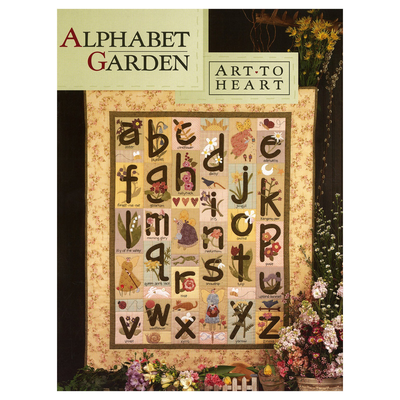 Front cover of the alphabet garden pattern displaying a quilt with various letters and flowers on it
