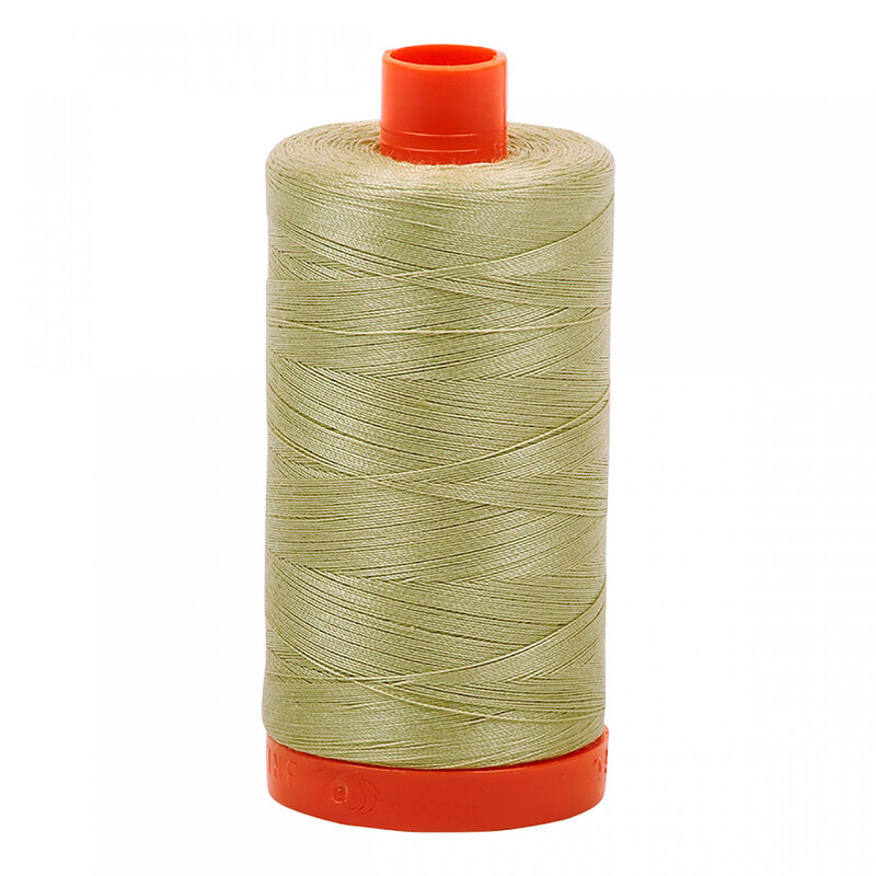 A spool of Aurifil 5020 - Light Military Green thread on a white background