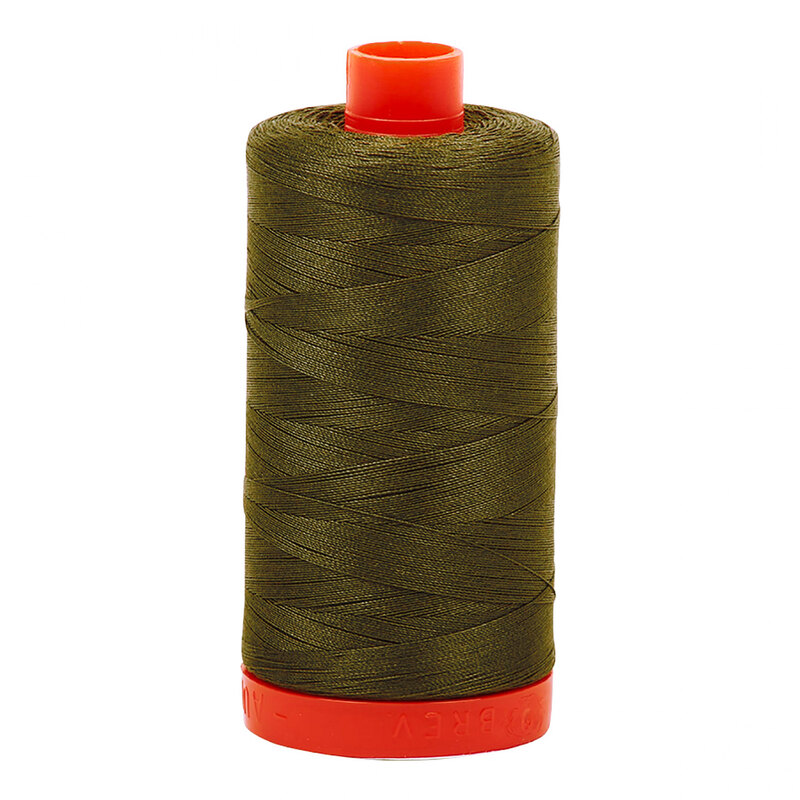 A spool of Aurifil 2905 -Army Green thread on a white background