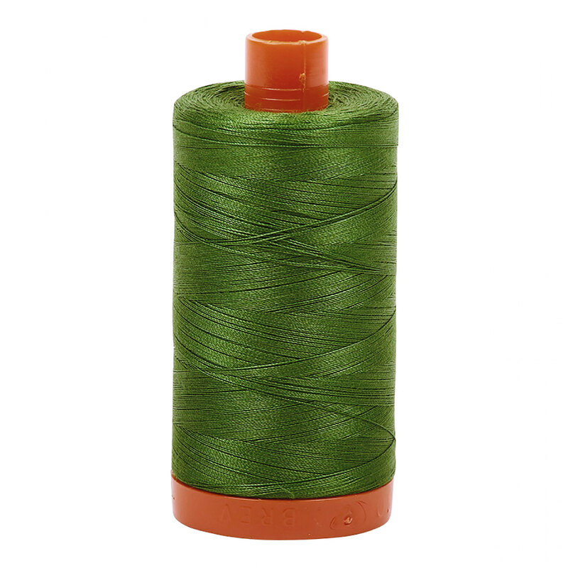 A spool of Aurifil 5018 -Dark Grass Green thread on a white background