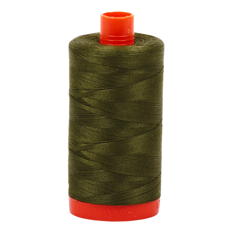 A spool of Aurifil 5023 -Medium Green thread on a white background