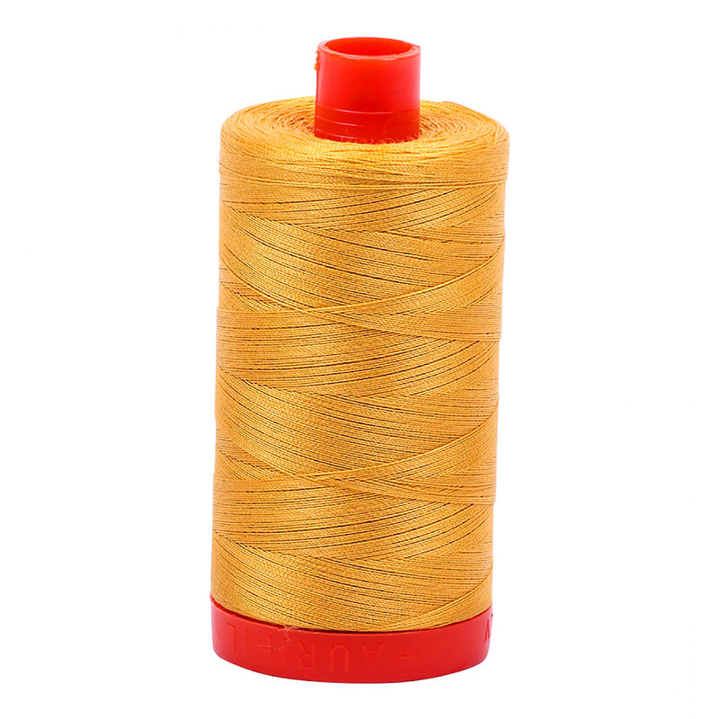 A spool of Aurifil 2132 -Tarnished Gold thread on a white background
