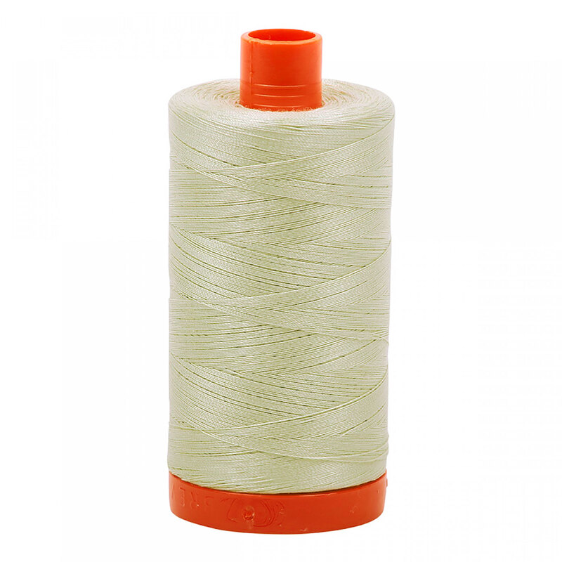 A spool of Aurifil 2843 -Light Grey Green thread on a white background