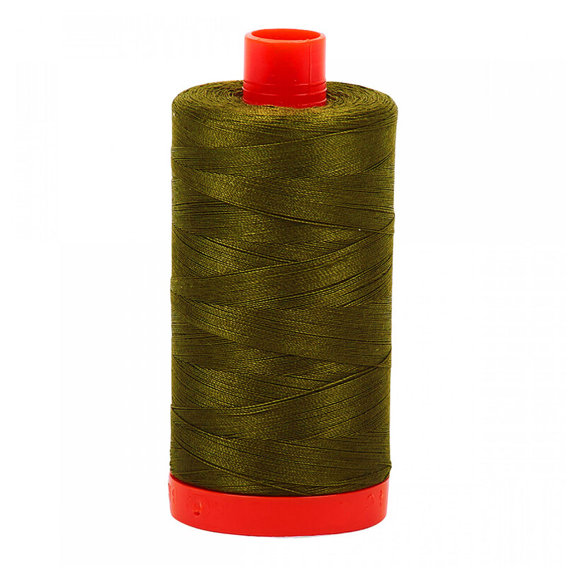 A spool of Aurifil 2887 -Very Dark Olive thread on a white background