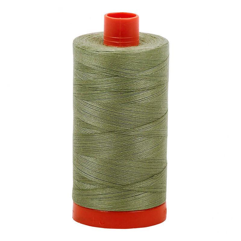 A spool of Aurifil 5019 - Military Green thread on a white background