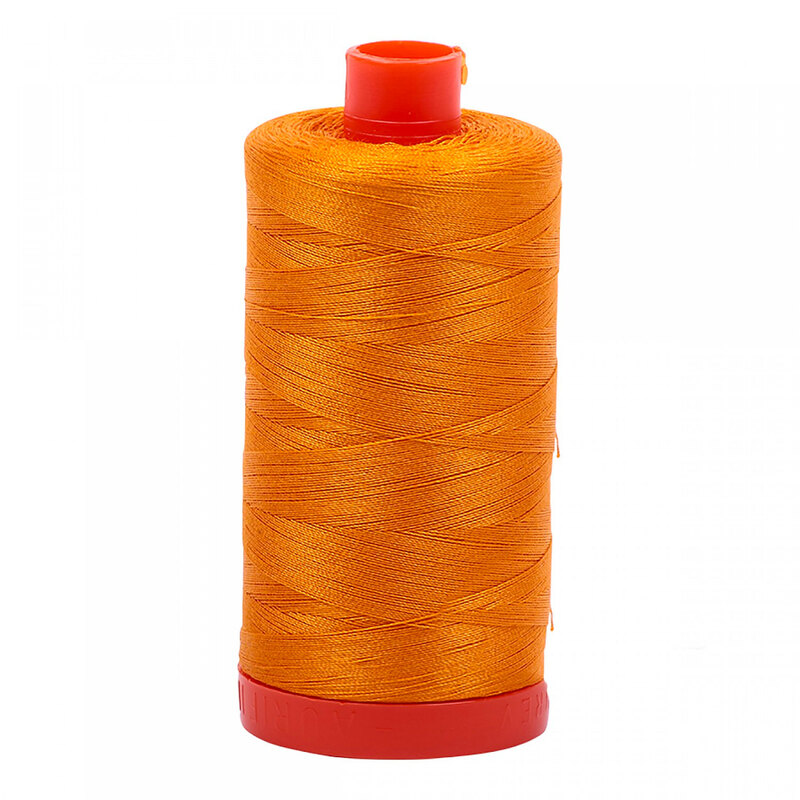 A spool of Aurifil 2145 - Yellow Orange thread on a white background