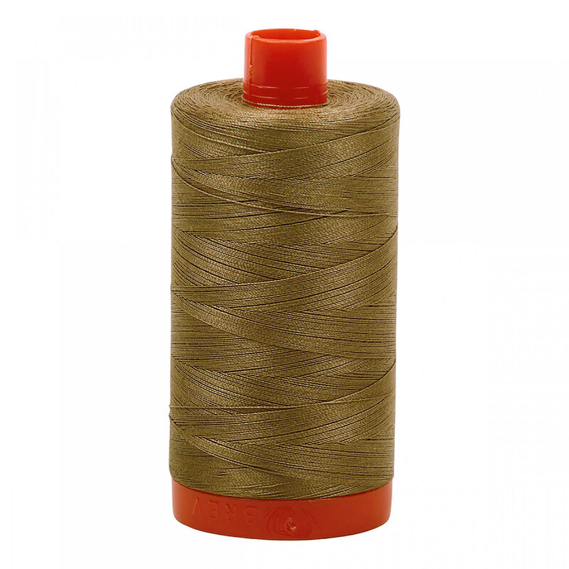 A spool of Aurifil 2370 - Sandstone thread on a white background